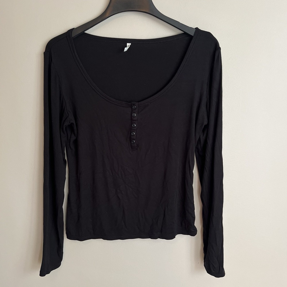 Halara Ribbed Henley Long Sleeve Casual Black Women Large Minimalist Capsule